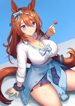 Rule 34 | animal ears, blue bow, blue eyes, blue jacket, blue scrunchie, blue skirt, bow, braid, breasts, brown hair, candy, cleavage, closed mouth, clothes around waist, collared shirt, food, gyaru, hair between eyes, highres, holding, holding candy, holding food, holding lollipop, horse ears, horse girl, horse tail, jacket, jacket around waist, large breasts, lollipop, long hair, scrunchie, shirt, skirt, smile, super creek (umamusume), tail, umamusume, white shirt, wrist scrunchie, yuutopia