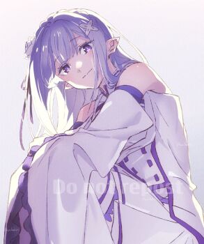 1girl artist_name bare_shoulders blunt_bangs braid closed_mouth copyright_name crown_braid detached_sleeves dress emilia_(re:zero) flower frilled_sleeves frills grey_background grey_hair hair_flower hair_ornament hair_ribbon harusabin long_hair long_sleeves looking_at_viewer pointy_ears purple_eyes purple_ribbon re:zero_kara_hajimeru_isekai_seikatsu ribbon simple_background sitting smile solo thighhighs white_dress white_flower wide_sleeves x_hair_ornament