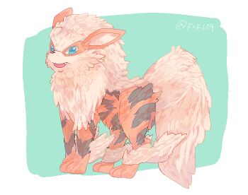 Rule 34 | animal focus, arcanine, artist name, blue eyes, border, fangs, fluffy, from side, full body, gen 1 pokemon, green background, jaggy lines, looking at viewer, natsumekan, neck fur, nintendo, no humans, open mouth, outside border, pokemon, pokemon (creature), signature, simple background, solo, standing, twitter username, white border