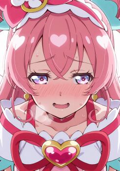 1girl :d aachan_(aacyanchi) blush bow brooch choker close-up collarbone commentary_request cure_precious delicious_party_precure dot_nose earrings embarrassed hair_bow hairband heart heart_brooch highres jewelry long_hair looking_at_viewer magical_girl nagomi_yui nervous_sweating nose_blush open_mouth paid_reward_available pink_bow pink_choker pink_hair pink_hairband precure purple_eyes raised_eyebrows simple_background smile solo sweat upper_body white_background