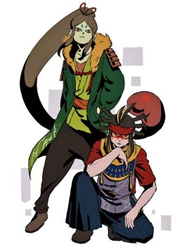 Rule 34 | 2boys, 3b4128, blue eyeshadow, brown eyes, brown hair, brown pants, brown shoes, coat, colored sclera, eyeshadow, green coat, japanese clothes, long hair, long sleeves, looking at viewer, makeup, multiple boys, on one knee, oogama (youkai watch), open clothes, open coat, pants, ponytail, shoes, short hair, standing, tsuchigumo (youkai watch), white background, yellow sclera, youkai (youkai watch), youkai watch