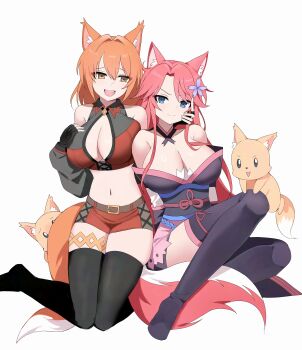 2girls absurdres animal_ears arms_behind_back blue_eyes commission commissioner_upload fingerless_gloves fox fox_ears fox_tail fox_tamer_(sakura_dungeon) gloves hand_on_another&#039;s_cheek hand_on_another&#039;s_face highres hsk10107 japanese_clothes kimono miniskirt multiple_girls non-web_source orange_hair pink_hair sakura_dungeon sitting skirt smug tail thighhighs yellow_eyes yomi_(sakura_dungeon) yuri