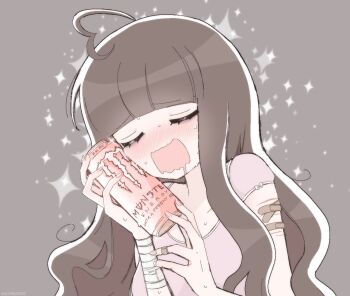 1girl bags_under_eyes bandages bandaid bandaid_on_finger bandaid_on_hand bow brown_background brown_hair can closed_eyes drink_can drooling energy_drink fingernails grey_background happy holding holding_can hugging_object lovelette lovelettechan monster_energy mouth_drool multiple_scars nail_polish original pink_nails pink_shirt pixel_art pixelated saliva scar self-harm self-upload shirt soda_can sweat sweatdrop wavy_hair wavy_mouth