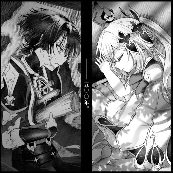 1boy 1girl angry anklet armlet armor bird black_border bloomers blunt_ends bodysuit book border caramelo_game cracked_skin debris detached_sleeves dress eyelashes facing_to_the_side fetal_position finch from_above genshin_impact hair_ornament han'eri hand_on_own_stomach heart heart_hair_ornament highres japanese_armor japanese_clothes jewelry kimono kote layered_kimono layered_sleeves long_hair looking_to_the_side lying mandarin_collar mitsudomoe_(shape) nahida_(genshin_impact) neck_ring o-ring on_side open_clothes open_kimono parted_lips pointy_ears pursed_lips sash scaramouche_(genshin_impact) short_sleeves shorts side_ponytail sidelocks sideways_mouth single_sode socks split_screen stab stirrup_footwear tomoe_(symbol) translation_request tree_shade tsurime underwear