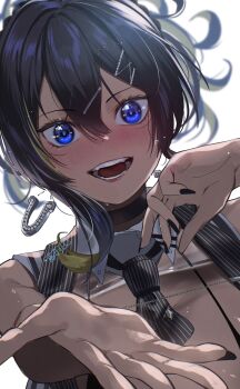 1girl absurdres bare_shoulders between_breasts black_hair black_nails black_necktie blonde_hair blue_eyes blush breasts colored_inner_hair commentary dark-skinned_female dark_skin earrings fujisaki_subaru goddess_of_victory:_nikke highres jewelry large_breasts long_hair looking_at_viewer multicolored_hair necktie necktie_between_breasts noise_(classic_diva)_(nikke) noise_(nikke) official_alternate_costume open_mouth ponytail reaching reaching_towards_viewer smile solo striped_clothes teeth two-tone_hair vertical-striped_clothes