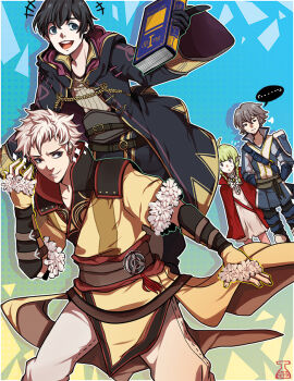 ... 1girl 3boys birus black_hair blonde_hair fire_emblem fire_emblem_awakening fur-trimmed_sleeves fur_trim green_hair grey_eyes grey_hair inigo_(fire_emblem) male_focus male_morgan_(fire_emblem) multiple_boys nah_(fire_emblem) nintendo open_mouth owain_(fire_emblem) shield speech_bubble
