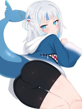 1girl absurdres animal_costume bike_shorts blue_eyes blue_hair blue_hoodie blunt_bangs closed_mouth fins fish_tail gawr_gura gawr_gura_(1st_costume) hair_ornament highres hololive hololive_english hood hoodie long_sleeves looking_at_viewer mingkozus multicolored_hair shark_costume shark_girl shark_hair_ornament shark_tail smile solo streaked_hair tail two-tone_hair two_side_up virtual_youtuber white_background white_hair