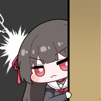 1girl black_choker black_hair black_shirt chibi chibi_only chisa_(wuthering_waves) choker closed_mouth commentary hair_ribbon long_hair looking_at_viewer neckerchief peeking_out red_eyes red_neckerchief red_ribbon ribbon sailor_collar shirt solo symbol-only_commentary twomoon v-shaped_eyebrows white_sailor_collar wuthering_waves