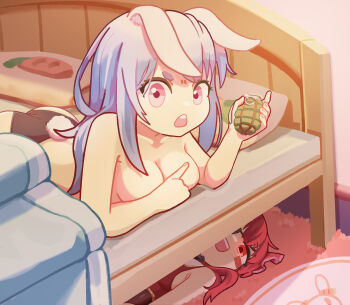 2girls animal_ears ass bare_shoulders black_panties blanket blue_hair breasts carpet carrot commentary english_commentary explosive eyepatch grenade hair_ribbon highres hikimayu hololive houshou_marine long_hair lying medium_breasts multiple_girls nanachides on_bed on_stomach open_mouth panties pillow pink_eyes rabbit_ears rabbit_tail red_eyes red_hair ribbon smile tail teeth topless_female under_bed underwear upper_teeth_only usada_pekora virtual_youtuber