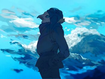 1boy aviator_cap aviator_goggles bird_boy blue_eyes blue_sky blue_theme cloud cloudy_sky commentary_request cowboy_shot furry furry_male gloves grey_feathers jacket looking_to_the_side male_focus nagabe original outdoors sky solo