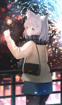 1girl absurdres alternate_costume animal_ear_fluff animal_ears bag black_pantyhose black_scarf blue_archive blue_eyes blue_halo blue_skirt blush brown_jacket commentary_request cowboy_shot cross_hair_ornament fireworks from_behind grey_hair hair_between_eyes hair_ornament halo handbag highres holding holding_fireworks jacket long_sleeves medium_hair mismatched_pupils night outdoors pantyhose plaid_clothes plaid_scarf railing scarf shiroko_(blue_archive) sidelocks skirt smile solo sparkler standing wolf_ears xndrive