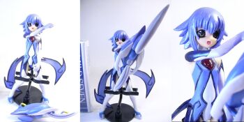 00s 1girl :o blue_bodysuit blue_hair bodysuit brown_eyes figure figure_(medium) full_body gloves lips mone outstretched_arm parted_lips photo_(medium) simple_background skin_tight split_screen weapon white_background white_gloves yumeria