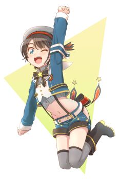 Rule 34 | 1girl, arched back, arm up, armband, back bow, black boots, black bow, black bowtie, black panties, blue eyes, blue jacket, blue shorts, boots, bow, bowtie, braid, brooch, brown hair, buttons, clothing cutout, colored shoe soles, commentary request, cropped jacket, cropped shirt, dress, full body, gold buttons, grey hat, grey shirt, grey thighhighs, groin, haniwa (leaf garden), hat, high collar, high heel boots, high heels, highres, hip vent, hololive, jacket, jewelry, jumping, lace, lace-trimmed panties, lace trim, large bow, long sleeves, looking at viewer, midriff, navel, official alternate costume, official alternate hairstyle, oozora subaru, oozora subaru (suspenders), open mouth, panties, panty peek, pinstripe pattern, pinstripe shirt, sailor hat, shirt, short hair, shorts, side braid, sleeve cuffs, solo, star brooch, strapless, strapless dress, suspenders, swept bangs, teeth, thighhighs, underwear, upper teeth only, virtual youtuber