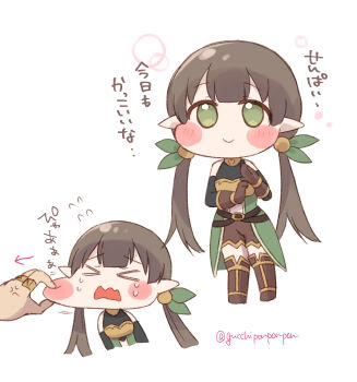 &gt;_&lt; 1boy 1girl anger_vein arrow_(symbol) ayumi_(princess_connect!) bare_shoulders black_sleeves blush_stickers boots brown_boots brown_gloves brown_hair brown_shorts cheek_pull chibi closed_eyes closed_mouth elf gino_(princess_connect!) gloves green_eyes gucchiann highres jewelry long_hair long_sleeves low_twintails multiple_views pointy_ears princess_connect! ring shorts simple_background smile thigh_boots translation_request trickcal twintails very_long_hair wavy_mouth white_background