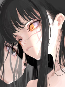 absurdres black_eyes black_hair chainsaw_man closed_mouth different_reflection facial_scar highres long_hair mitaka_asa reflection ringed_eyes scar scar_on_cheek scar_on_face scar_on_nose theland4869 yellow_eyes yoru_(chainsaw_man)