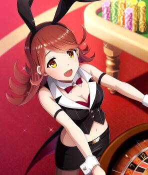 1girl :d animal_ear_hairband animal_ears armband bare_shoulders belt black_armband black_belt black_hairband black_skirt black_vest bow bowtie breasts casino cleavage coattails detached_collar dot_nose fake_animal_ears from_above game_cg hairband large_breasts long_hair looking_at_viewer midriff navel official_art open_mouth orange_eyes orange_pupils outstretched_arms pencil_skirt poker_chip rabbit_ear_hairband rabbit_ears red_bow red_bowtie red_hair roulette roulette_table skirt smile solo sparkle table tailcoat third-party_source toji_no_miko toji_no_miko:_kizamishi_issen_no_tomoshibi uruga_nao vest white_wrist_cuffs wrist_cuffs