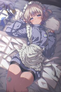 1girl absent absurdres alternate_costume apron banpen_(todoroki_hajime) bike_shorts black_shorts blonde_hair blunt_bangs blush cameltoe character_name commentary frilled_apron frills hair_ornament hairclip head_on_pillow highres hololive hololive_dev_is jacket jersey_maid long_sleeves looking_at_viewer lying maid maid_headdress multicolored_hair nail_polish name_tag no_pants on_back on_bed parted_lips pillow purple_eyes purple_hair purple_jacket purple_nails ribbed_socks short_hair shorts sleeves_past_wrists socks solo spoken_blush streaked_hair thigh_gap todoroki_hajime two_side_up unconventional_maid virtual_youtuber white_apron white_socks