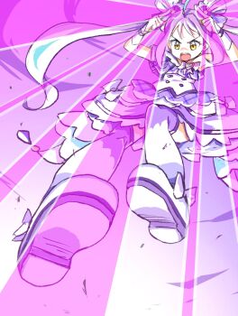 Rule 34 | 1girl, ahoge, boots, bow, brooch, commentary, cure kyunkyun, dress, dress bow, footwear bow, from below, full body, hands up, heart, heart brooch, highres, idol heart brooch (precure), jewelry, kimi to idol precure, kyunkyun laser, laser, long hair, looking down, magical girl, midair, open mouth, precure, purple hair, shigure kokoro, solo, teeth, thigh boots, twintails, upper teeth only, uraki, v-shaped eyebrows, white boots, white bow, white dress, wristband, yellow eyes