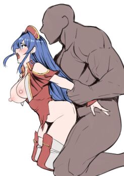 1boy 1girl age_difference blue_eyes blue_hair breasts crying dark-skinned_male dark_skin defeat doggystyle fire_emblem fire_emblem:_the_binding_blade jony_(avion_mura) lilina_(fire_emblem) medium_breasts muscular muscular_male nintendo nipples open_mouth rape sex sex_from_behind shouting simple_background size_difference tears thighhighs torn_clothes unfinished vaginal