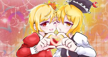 2girls ;d ;o aki_shizuha ayu_yutyaso black_hat black_vest blonde_hair brown_eyes crescent crescent_hat_ornament dress four-finger_heart_hands hat hat_ornament heads_together heart heart_hands heart_hands_duo heart_in_heart_hands heart_of_string highres in-franchise_crossover leaf leaf_on_head long_sleeves looking_at_viewer lunasa_prismriver maple_leaf multiple_girls one_eye_closed open_mouth red_dress red_eyes shirt short_hair smile touhou trait_connection upper_body vest white_shirt