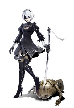 1girl 2b_(nier:automata) absurdres black_boots black_dress black_gloves black_hairband blindfold boots cleavage_cutout clothing_cutout dress full_body gloves hairband high_heel_boots high_heels highres jackboo juliet_sleeves long_sleeves machine_(nier) nier:automata nier_(series) puffy_sleeves short_dress short_hair side_slit simple_background solo thigh_boots virtuous_contract white_background white_hair