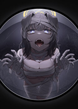 1girl animal_ears bandage_on_hair bandaged_arm bandaged_chest bandaged_hand bandaged_head bandaged_leg bandages black_hair blue_archive breasts cosplay dog_ears dog_girl halloween_costume halo hibiki_(blue_archive) highres large_breasts mummy_costume naked_bandage navel nickname25 open_mouth pov_peephole purple_eyes solo yellow_halo yoshimi_(blue_archive) yoshimi_(blue_archive)_(cosplay) yoshimi_(halloween)_(blue_archive)