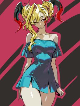 1girl alternate_costume alternate_hairstyle breasts dress facial_mark fate/grand_order fate_(series) fingernails hair_around_horn highres horns long_horns looking_to_the_side medium_breasts nail_polish nero_claudius_(fate) one_eye_closed queen_draco_(fate) red_scales sharp_fingernails solo strapless strapless_dress zantyarz