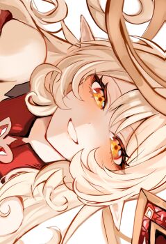1girl absurdres alice_(genshin_impact) bare_shoulders blonde_hair blush close-up cowlick dot_nose eyelashes genshin_impact hair_between_eyes happy highres hisui_(xztw) long_hair looking_at_viewer open_mouth orange_eyes pointy_ears portrait side_ahoge simple_background smile solo