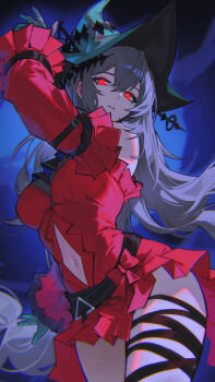 1girl absurdres arknights black_sash bow breasts clothing_cutout commentary dress english_commentary gloves green_gloves green_hat grey_hair hat highres large_breasts lewdicy long_hair long_sleeves looking_at_viewer navel navel_cutout parted_lips red_bow red_dress red_hair sash skadi_(arknights) skadi_the_corrupting_heart_(arknights) solo wand witch_hat