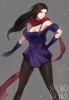 1girl bare_shoulders battle_tendency black_hair blue_eyes breasts cleavage closed_mouth commentary dress earrings english_commentary facing_viewer female_focus gloves hand_on_own_hip highres jewelry jojo_no_kimyou_na_bouken large_breasts lisa_lisa long_hair looking_at_viewer mature_female off_shoulder pantyhose purple_dress red_scarf scarf smile solo standing swordwaltz
