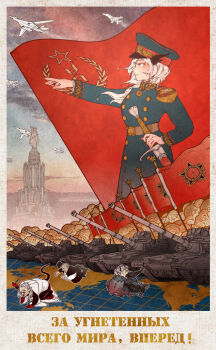 1girl 3boys aircraft airplane arknights battle_standard belt black_headwear black_jacket blush buttons character_request closed_mouth communism cyrillic double-breasted dragon_horns fat fat_man flag flag_on_vehicle green_jacket grey_hair hat highres horns jacket jet long_hair long_sleeves military military_hat military_uniform military_vehicle motor_vehicle multiple_boys nadieinocente open_clothes open_jacket open_mouth pointing pointing_forward red_flag sheath sheathed soviet sword tail talulah_(arknights) tank translation_request war_flag weapon white_hair white_jacket