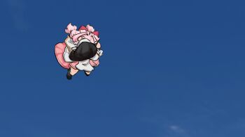 1girl bow commentary crossed_arms encore_(wuthering_waves) english_commentary falling hair_bow highres lennykaise outdoors pink_bow pink_hair pink_skirt skirt solo wuthering_waves