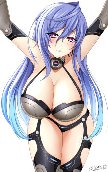absurdres alexstardust31 armpits arms_up bikini black_bikini black_thighhighs blue_hair blush breasts cleavage collarbone commentary commission earrings elbow_gloves english_commentary gloves grey_bikini grey_gloves grey_thighhighs hair_between_eyes highres hoop_earrings huge_breasts iris_heart_(neptunia) jewelry kabedon_on_viewer kami_jigen_game_neptune_v leaning_forward legs_together long_hair looking_at_viewer mature_female multicolored_bikini multicolored_thighhighs naughty_face neptune_(series) official_alternate_costume parted_lips pink_eyes power_symbol power_symbol-shaped_pupils shiny_clothes shiny_skin signature swimsuit symbol-shaped_pupils thighhighs twitter_username two-tone_bikini two-tone_thighhighs very_long_hair white_background