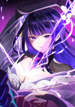 Rule 34 | 1girl, adversarial noise, azuma yuki, braid, breasts, bridal gauntlets, cleavage, commentary request, drawing sword, electricity, flower, genshin impact, highres, holding, holding sword, holding weapon, human scabbard, japanese clothes, kimono, large breasts, long hair, low-braided long hair, low-tied long hair, mole, mole under eye, musou isshin (genshin impact), obi, obiage, purple eyes, purple flower, purple hair, purple kimono, purple nails, raiden shogun, revision, sash, signature, solo, sword, upper body, very long hair, watermark, weapon