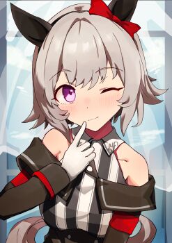 Rule 34 | 1girl, absurdres, amamoru 21, animal ears, bare shoulders, black hairband, blush, bow, breasts, closed mouth, coat, collarbone, commentary request, curren chan (fille eclair) (umamusume), curren chan (umamusume), dress, ear bow, ear covers, finger to mouth, gloves, grey hair, hairband, highres, horse ears, horse girl, horse tail, long sleeves, looking at viewer, medium breasts, off-shoulder coat, off-shoulder dress, off-shoulder jacket, off shoulder, one eye closed, purple eyes, red bow, short hair, smile, solo, striped clothes, striped dress, tail, umamusume, vertical-striped clothes, vertical-striped dress, white gloves