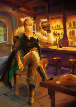 1boy absurdres bar_(place) bar_stool black_shirt blonde_hair boots bottle chair coat commentary_request cross_scar crossed_legs cup foam full_body fur-trimmed_coat fur_trim genshin_impact hand_up highres holding holding_cup indoors light_smile looking_at_viewer male_focus on_chair pants qise_zhijing scar scar_on_arm scar_on_face scar_on_neck shirt signature single_bare_shoulder sitting sleeveless sleeveless_shirt solo stool table tankard tavern toned toned_male varka_(genshin_impact)