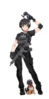 1girl absurdres ahoge alternate_costume araragi_tsukihi arm_up armband assault_rifle black-framed_eyewear black_armband black_eyes black_gloves black_hair black_pants black_shirt body_armor dog egg_hair_ornament firstdayiyui food-themed_hair_ornament fried_egg full_body gloves gun hair_ornament highres holding holding_removed_eyewear looking_at_viewer monogatari_(series) pants police police_uniform rifle s.w.a.t. shirt short_hair simple_background solo standing tactical_clothes triangle_mouth unworn_eyewear weapon white_background