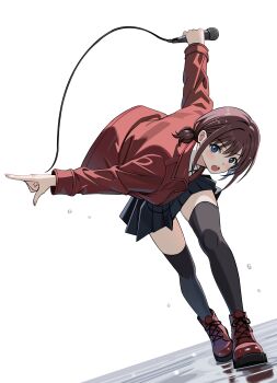 absurdres black_thighhighs blue_eyes boots brown_eyes commentary_request girls_band_cry highres iseri_nina jacket lace-up_boots long_hair microphone open_mouth pleated_skirt shirt skindentation skirt standing teeth thighhighs twintails upper_teeth_only white_shirt zaofeng