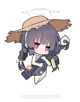 1girl :< artist_name bag bikini blue_archive blunt_sidelocks blush braid braided_twintails bright_pupils chibi chibi_only closed_mouth commentary grey_hair hat holding holding_bag hugging_object looking_at_viewer low_twin_braids miyu_(blue_archive) miyu_(swimsuit)_(blue_archive) nanozenzen official_alternate_costume official_alternate_hairstyle print_bikini red_eyes shadow sidelocks simple_background solo starfish straw_hat swimsuit twin_braids white_background white_bikini white_pupils yellow_hat