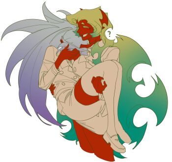 2girls blue_hair breasts colored_skin commentary_request demon_girl demon_horns green_hair guru.zong highres horns kneesocks_(psg) large_breasts long_hair looking_at_another medium_breasts multiple_girls panty_&amp;_stocking_with_garterbelt red_skin scanty_(psg) school_uniform