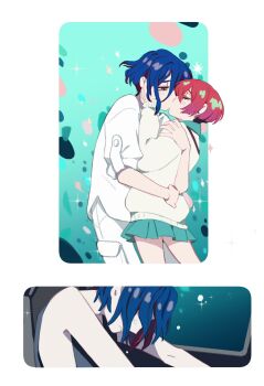 1boy 1girl amate_yuzuriha blue_hair closed_eyes cockpit commentary couple english_commentary green_skirt gundam gundam_gquuuuuux hetero highres holding hug kiss long_sleeves multicolored_hair pilot pilot_chair piloting purple_hair red_eyes red_hair rhelia school_uniform shirt short_hair shuji_ito skirt spoilers sweater tank_top two-tone_hair white_shirt zeknova