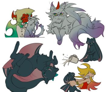 2girls animalization blonde_hair cat demon_girl demon_horns green_hair guru.zong hashtag-only_commentary highres horns kneesocks_(psg) long_hair looking_at_another multiple_girls panty_&amp;_stocking_with_garterbelt panty_(psg) person_and_animalization scanty_(psg) stocking_(psg) street_fighter street_fighter_6