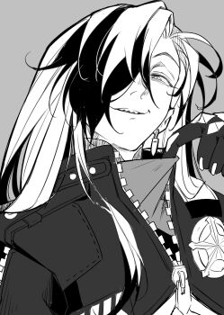 1boy absurdres arm_up boothill_(honkai:_star_rail) cropped_jacket cyborg earrings grey_background greyscale hair_over_one_eye highres honkai:_star_rail honkai_(series) jacket jewelry long_hair long_sleeves looking_at_viewer male_focus monochrome mrsw0911 multicolored_hair one_eye_closed piercing sharp_teeth shell_casing sheriff_badge single_earring smile solo teeth two-tone_hair unzipped upper_body zipper zipper_pull_tab