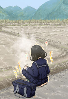 1girl ass black_hair blue_sailor_collar blue_shirt blue_skirt clothes_lift commentary_request day facing_away field from_behind green_panties highres hill implied_peeing long_hair long_sleeves motion_lines original outdoors panties panties_around_leg pleated_skirt sailor_collar school shirt skirt skirt_lift solo sound_effects squatting steam trembling underwear xr_er0ryu
