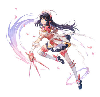 Rule 34 | 1girl, absurdres, ahoge, ankle ribbon, arm belt, back ribbon, between fingers, black hair, black shoes, black skirt, blue eyes, commentary, dress, energy, falling petals, full body, gem, highres, holding, holding knife, king's raid, knife, knives between fingers, leg belt, leg ribbon, lolco, long hair, maid, maid headdress, mary janes, mirianne (king's raid), multicolored dress, official alternate costume, official art, petals, pink dress, pink headdress, pink petals, pink ribbon, pointy ears, puffy short sleeves, puffy sleeves, purple gemstone, ribbon, shoes, short sleeves, simple background, skirt, smile, socks, solo, thighhighs, very long hair, white background, white dress, white ribbon, white socks, white thighhighs, white wrist cuffs, wrist cuffs