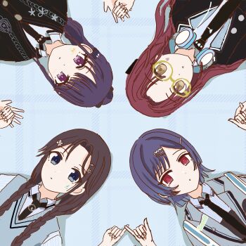 Rule 34 | 4girls, absurdres, bespectacled, black hair, black jacket, black necktie, blue background, blue eyes, blue hair, blue skirt, braid, collared shirt, commentary request, fukumaru koito, glasses, headphones, headphones around neck, highres, idolmaster, idolmaster shiny colors, jacket, mitsumine yuika, morino rinze, multiple girls, multiple hair clips, necktie, official alternate costume, osaki amana, parted bangs, pentagon (penkoma kabosu), pinky out, red eyes, red hair, shirt, short hair, skirt, twin braids, yellow eyes