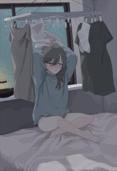 1girl absurdres arms_up barefoot bed brown_hair clothes_pin coffee_pot female_focus highres indoors long_hair long_sleeves looking_at_viewer oissu_tiwassu on_bed original sitting socks solo sweater unworn_socks window
