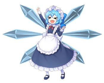 &gt;_&lt; 1girl apron artist_request blue_bow blue_dress blue_hair blue_shoes bow cirno detached_wings dress fairy hair_bow ice ice_wings long_sleeves maid maid_apron non-web_source open_mouth shoes solo source_request touhou white_apron wings