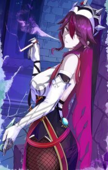 Rule 34 | 1girl, absurdres, ass, bare shoulders, between fingers, blowing smoke, breasts, brick wall, cigarette, claw ring, coif, commentary request, dagger, dress, elbow gloves, excella (delltothu), fishnet pantyhose, fishnets, genshin impact, gloves, hair over one eye, highres, holding, holding cigarette, holding dagger, holding knife, holding weapon, knife, large breasts, looking at viewer, looking back, multicolored eyes, multicolored hair, nun, outdoors, pale skin, pantyhose, parted lips, pelvic curtain, purple hair, purple pantyhose, red hair, rosaria (genshin impact), short hair, sidelocks, smoke, smoking, solo, tiara, two-tone dress, veil, vision (genshin impact), weapon, white gloves