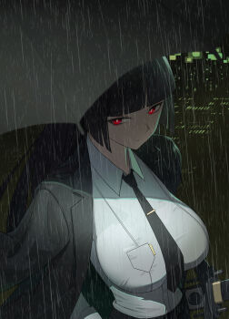 1girl absurdres black_hair black_jacket black_necktie blunt_bangs breast_pocket breasts city_lights closed_mouth fox_girl highres hoshimi_miyabi jacket large_breasts midfinger necktie pocket rain red_eyes shirt umbrella water_drop white_shirt zenless_zone_zero
